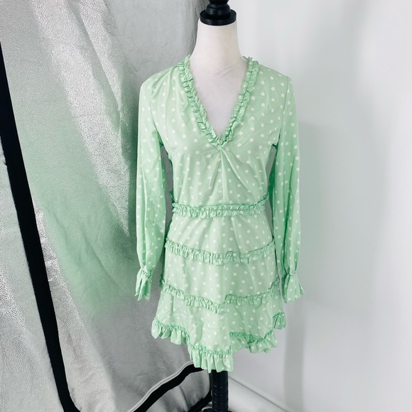 Green Polka Dot Long Sleeve V-Neck Open Back Backless Mini Dress - Picture 7 of 11